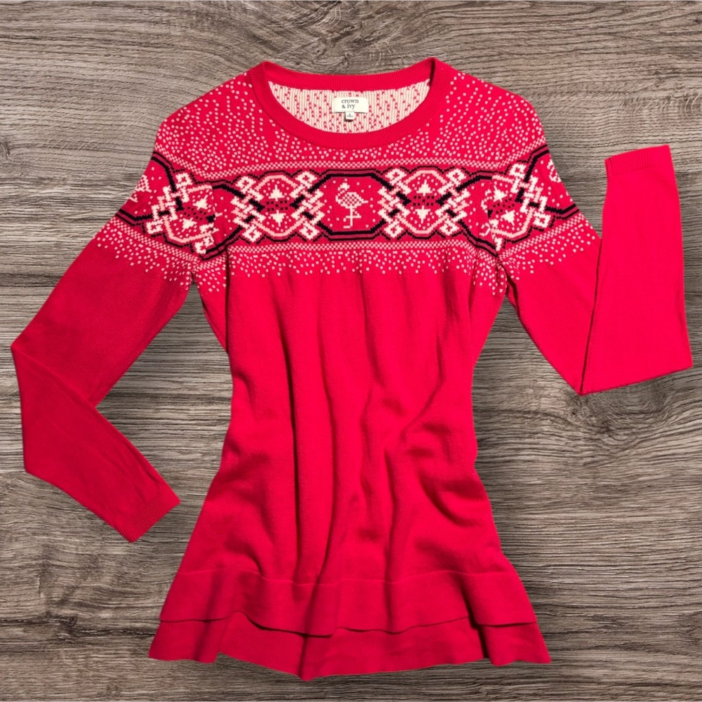 Crown & Ivy Women's Pink Fair Isle Flamingo Sweater Crewneck Pullover